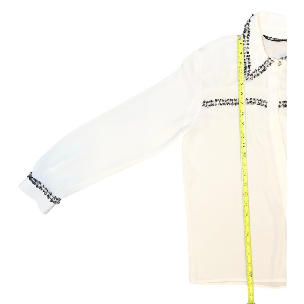 ZARA Women's Ivory Sheer Blouse Tweed Trim Long Sleeve Office Chic Classic S - Picture 14 of 15